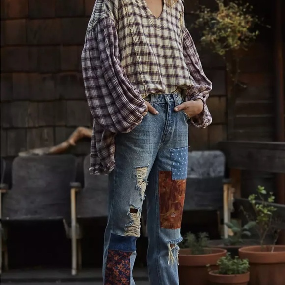 We The Free Blue Patchwork Straight Leg Jeans - Picture 2 of 13